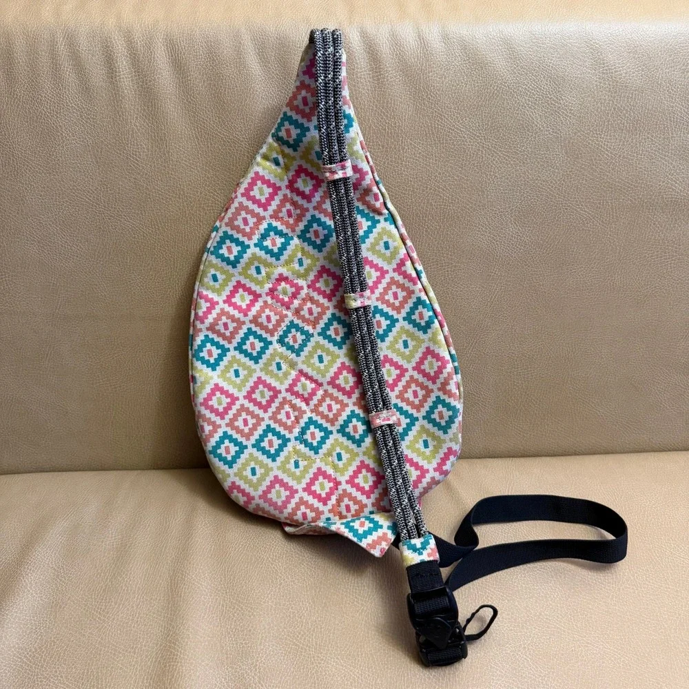 KAVU Rope Bag Sling Backpack Pink Yellow Teal Geometric Diamond Crossbody Bag